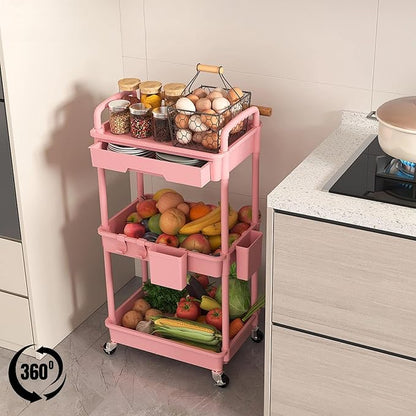LLMRR 3 Tier Rolling Utility Cart with Drawer, Plastic Storage Organizer Rolling Carts with Wheels Handles Hanging Cups Hooks for Office, Bathroom, Kitchen,Craft Art Room (Pink)