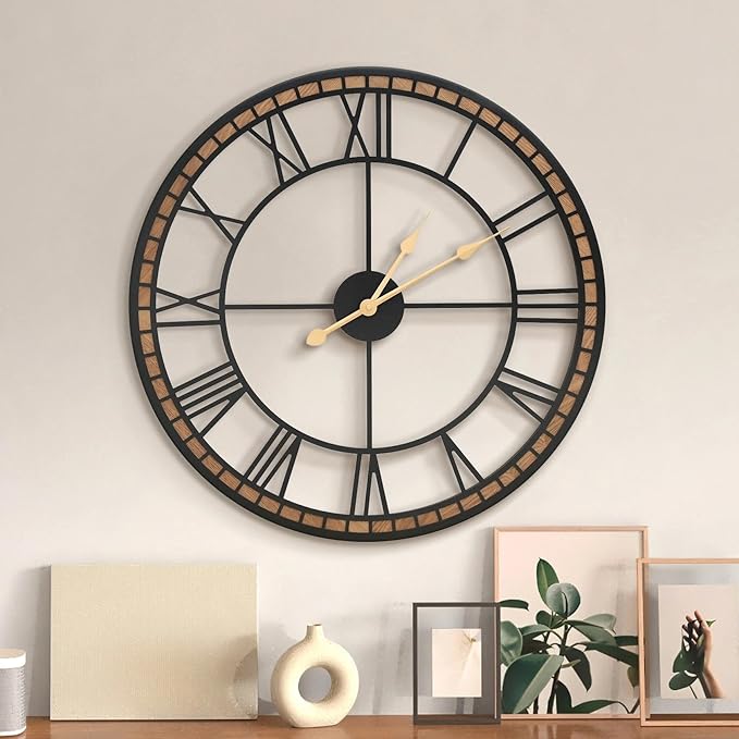 Micasso Non-Ticking Large Wall Clock : 24inch Modern Metal Black with Solid Wood Frame Silent Clock for Living Room/Bedroom/Kitchen - Home Decor for Fashion-Conscious (Style 2, 24-Inch)