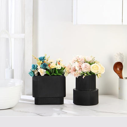 Black Glass Vases, Set of 2 Ribbed Glass Vases for Flowers, Modern Vase for Tulips, Black Vase for Living Room, Dining Table, Office, Entryway, Mantle, Bookshelf, Wedding Gifts
