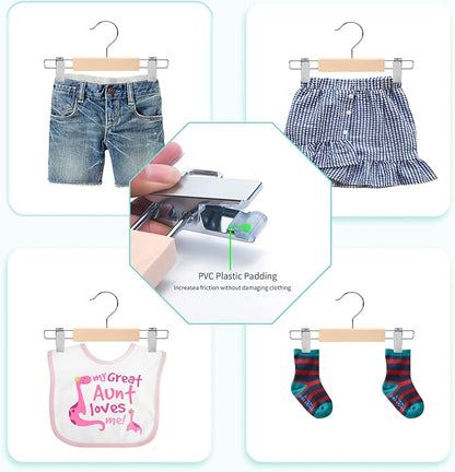 Nature Smile 20 Pack 10.2 Inches Unfinished/Natural Kids Baby Toddler Infant Children Solid Wooden Pants Skirts Hangers Wood Trousers Bottom Hangers with 2-Adjustable Clips 360° Stronger Swivel Hook