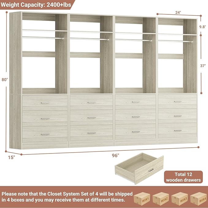 Closet System Set of 4, 8FT Closet Systems with 12 Wood Drawers, 96" Closet Organizer System with 4 Hanging Rods & 4 Shelves,Heavy Duty 96 Inch Walk-in Closet,White Oak (96"L x 15" W x 80" H)