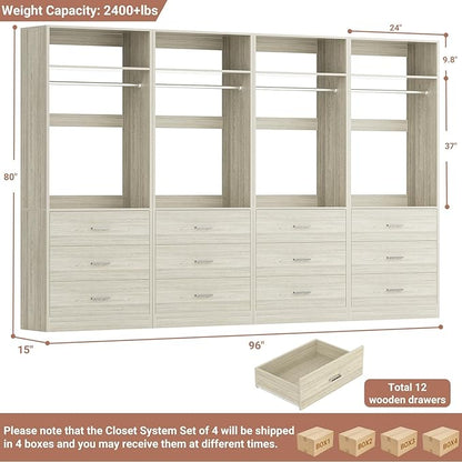 Closet System Set of 4, 8FT Closet Systems with 12 Wood Drawers, 96" Closet Organizer System with 4 Hanging Rods & 4 Shelves,Heavy Duty 96 Inch Walk-in Closet,White Oak (96"L x 15" W x 80" H)