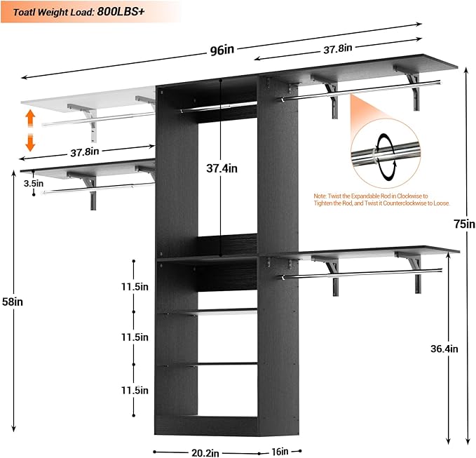 Armocity 96'' Closet System, 8FT Walk In Closet Organizer with 3 Shelving Towers, Heavy Duty Bedroom Wardrobe with 5 Shelves, Wall Mounted Clothes Rack (Can Be Cut To Fit), 96"L x16"W x75"H, Black