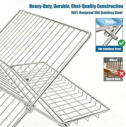 Stainless Steel Foldable Dish Drying Rack, 2 Tier Collapsible Kitchen Rack for Counter, Large Capacity Expandable Dish Drainer Rust Proof