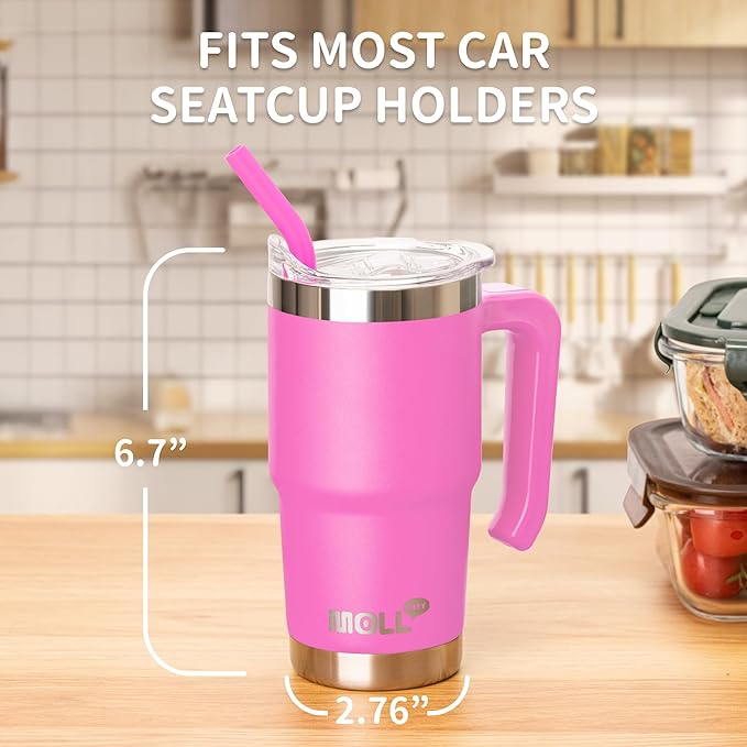 Kids Tumbler-16 oz Stainless Steel Double Wall Vacuum Insulated Tumbler Cup with Lid and Straw Travel Coffee Mug with Handle(Hot Pink)