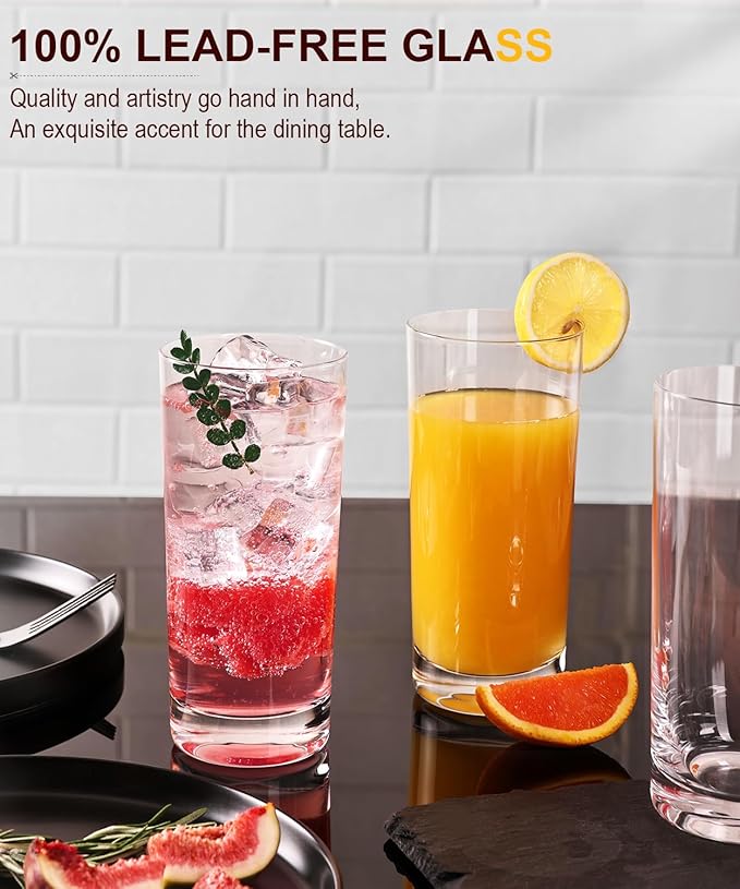 LUNA & MANTHA Drinking Water Glasses Set, Lead-Free Crystal Highball Glass, Tall Glass Cups for Cocktail Parties,Clear set of 8,16oz