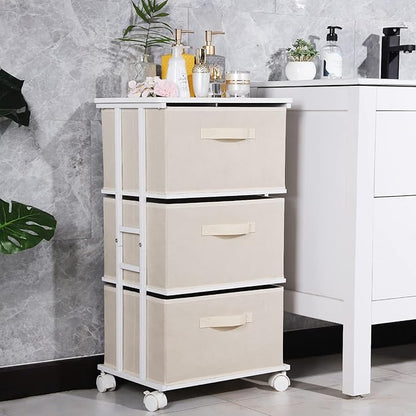 MAX Houser Dresser Tower with 3 Drawers for Bedroom, Fabric Storage Organizer Unit, Chest of Drawers with with WoodTop, Small Vertical Storage for Guest Room, Closet, Entryway(Beige)