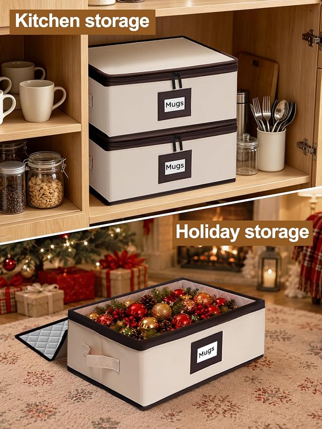 punemi Mug Storage Organizer, Coffee Mug Storage Boxes with Padded Dividers & Hard Shell Support, Stackable Tea Cup Storage Containers with Handles for Packing, Moving & China Storage, Beige, 2 Pack