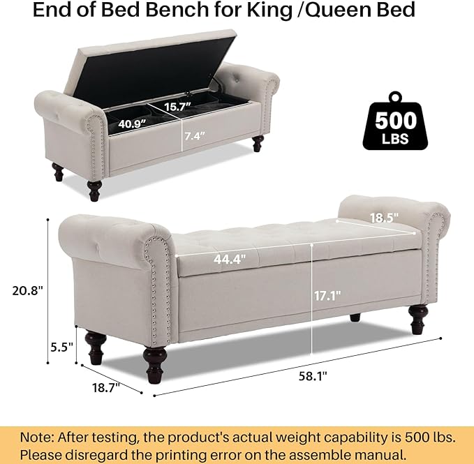 58.1" Storage Bench Upholstered Linen End of Bedroom Bed Bench Ottoman with Tufted Cushioned Rolled Arm Large Storage Space for Reading Living Room Entryway, Beige