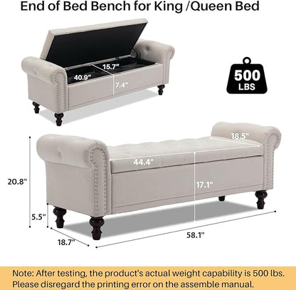 58.1" Storage Bench Upholstered Linen End of Bedroom Bed Bench Ottoman with Tufted Cushioned Rolled Arm Large Storage Space for Reading Living Room Entryway, Beige