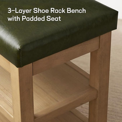 Shoe Rack Bench with Leather Cushion, 2 Tier Solid Wood Storage Bench, Mid-Century Modern Shoe Bench for Entryway, Hallway, Closet, Front Door Entrance, Foyer (Green, 39.4")