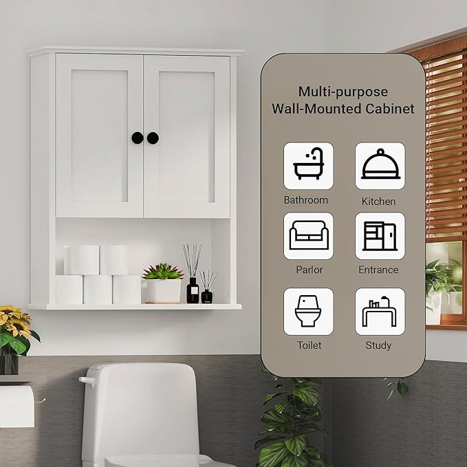Multi-Purpose Wall Cabinet: Easy-to-Assemble, White Modern Style, 3-Tier Storage. Fits as Kitchen Cabinet, Over-Toilet Cabinet & Bedroom Wall Cabinet