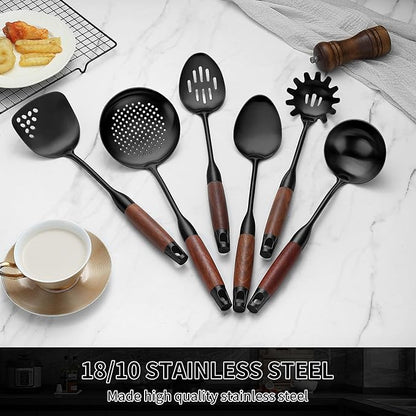 Stainless Steel Kitchen Utensils Set with Wood Handle, 18/10 Metal Cooking Utensils Set, 6-Piece - Spatula, Spoon, Ladle, Skimmer, Slotted Spoon, Pasta