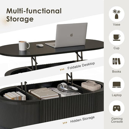 LYNCOHOME Fluted Lift Top Coffee Table with Storage,Modern Oval Coffee Table for Living Room or Home Office(Black)
