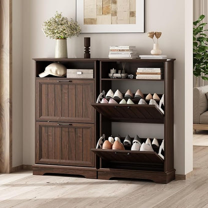 Shoe Storage Cabinet with 2 Flip Drawers, 24" W Farmhouse Modern Hidden Shoes Rack Cabinet with Adjustable Shelves & Open Storage, Narrow Slim Shoe Organizer for Front Door Entrance, Entryway, Walnut