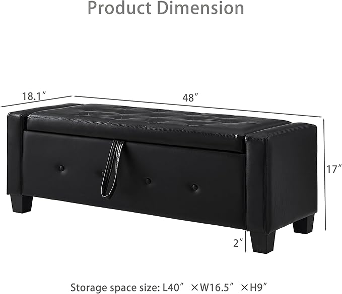 Furniliving Storage Bench, 48‘’ Upholstered PU Leather Ottoman Bench with Button-Tufted, Folding Bedroom Bench with Wood Legs, Entryway Bench for Bedroom, Black