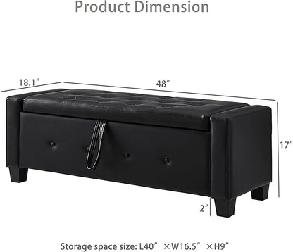 Furniliving Storage Bench, 48‘’ Upholstered PU Leather Ottoman Bench with Button-Tufted, Folding Bedroom Bench with Wood Legs, Entryway Bench for Bedroom, Black