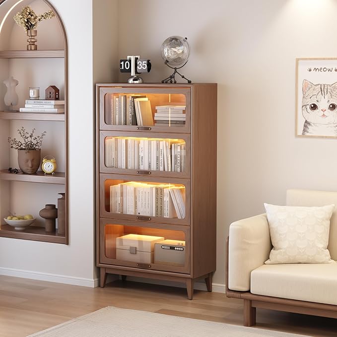 Solid Wood Bookcase 4 Tier With Tempered Glass Doors 60 Inch, Kitchen Pantry Display Cabinet, Brown Finish Cube Storage Organizer, Bookshelf Versatile Storage With For Home Office(No Light Strip)