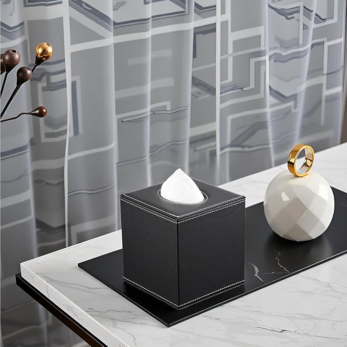 KINGFOM Square Pu Leather Tissue Box Cover, Modern Facial Tissue Holder, Roll Tissues Paper Case Dispenser for Bathroom Vanity Countertop, Night Stands, Office Desk & Car(Black)