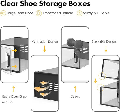 SEE SPRING X-Large Shoe Storage Box Fit Size 11, Clear Plastic Stackable Shoe Organizer for Closet, Space Saving Sneaker Shoe Rack Containers Bins Holders for Entryway, Under Bed, 12 Pack Black