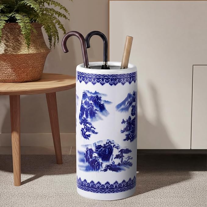 Sawysine Blue and White Ceramic Umbrella Stand, Floral Design Floor Vase for Entryway Indoor Decorative, 19.7" Heavy Porcelain Holder for Umbrellas Canes Home Decor(19.7 Inch,Landscape)