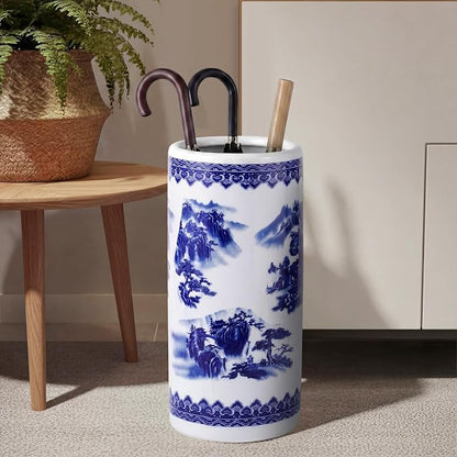 Sawysine Blue and White Ceramic Umbrella Stand, Floral Design Floor Vase for Entryway Indoor Decorative, 19.7" Heavy Porcelain Holder for Umbrellas Canes Home Decor(19.7 Inch,Landscape)