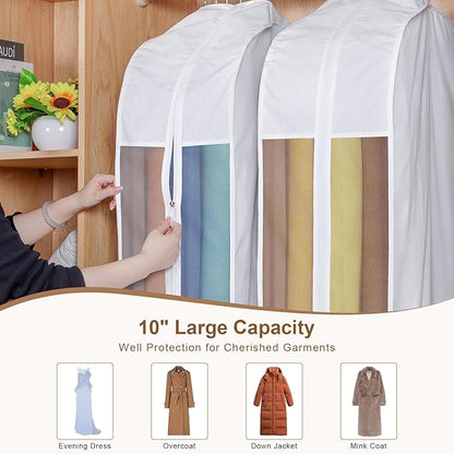 Kntiwiwo 60" Premium Cotton Garment Bag for Hanging Clothes and Storage, Breathable Dress Bags for Gowns with Extra Large 10" Gusseted & Clear Window, Dust Cover with Zipper for Long Dresses, 3 Pack