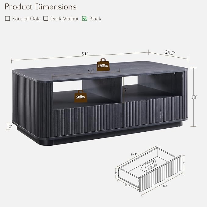 ACCOHOHO 51" Fluted Coffee Table with Storage, Large Modern Center Table with 2 Drawers, Rectangle Wood Coffee Table for Living Room, Black