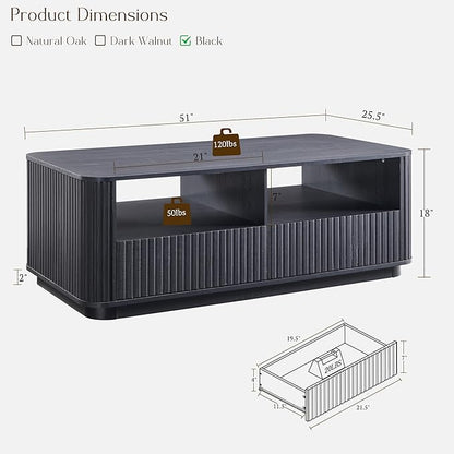 ACCOHOHO 51" Fluted Coffee Table with Storage, Large Modern Center Table with 2 Drawers, Rectangle Wood Coffee Table for Living Room, Black