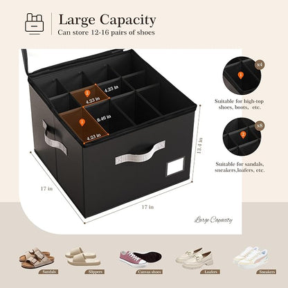 Criusia Shoe Organizer for Closet, Foldable Shoe Storage Organizer with Clear Cover and Sturdy Handles, Fit 12-16 Pairs, Closet Organizer for Shoes Sneakers Sandals Heels, 2 Pack, Black