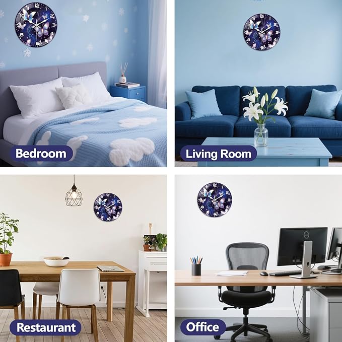 peacoblue Wall Clocks Battery Operated 12 Inch Butterfly Glass Round Wall Clock Non Ticking for Kitchen Living Room Dining Room Bedroom and Bathroom Decor Accessories (Battery not Included)