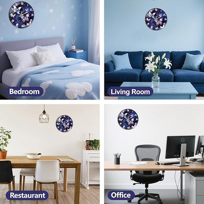 peacoblue Wall Clocks Battery Operated 12 Inch Butterfly Glass Round Wall Clock Non Ticking for Kitchen Living Room Dining Room Bedroom and Bathroom Decor Accessories (Battery not Included)