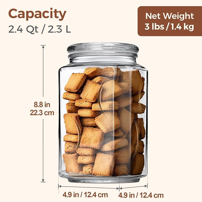ComSaf 78oz Large Glass Storage Container with Airtight Lid, Thick Square Flour and Sugar Jar for Pantry Organization, Wide Mouth Glass Canister for Rice, Pasta, Cereal, Laundry Detergent
