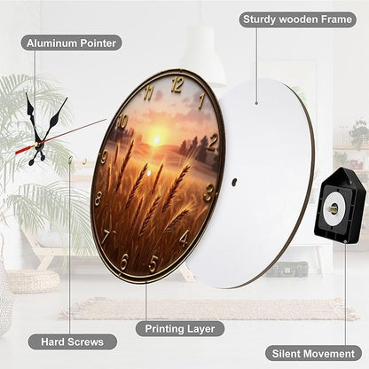 Wall Clock， Rustic Sunset Wheat Field Non Ticking Wall Clocks Battery Operated， Brown Wooden Wall Clocks for Kitchen， Living Room， Bedroom， Office， Bathroom Decorative 25 * 25cm