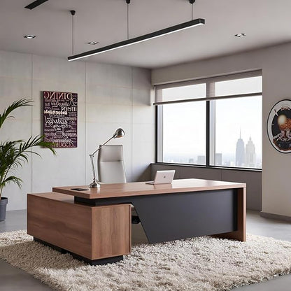 Retractable L-Shaped Executive Desk, Modern Office Desk with Drawers and Lateral File Cabinet, Large Computer Desk with Storage Shelves, Workstation for Home Office (Right Return, 86.6 - 94.5 IN)