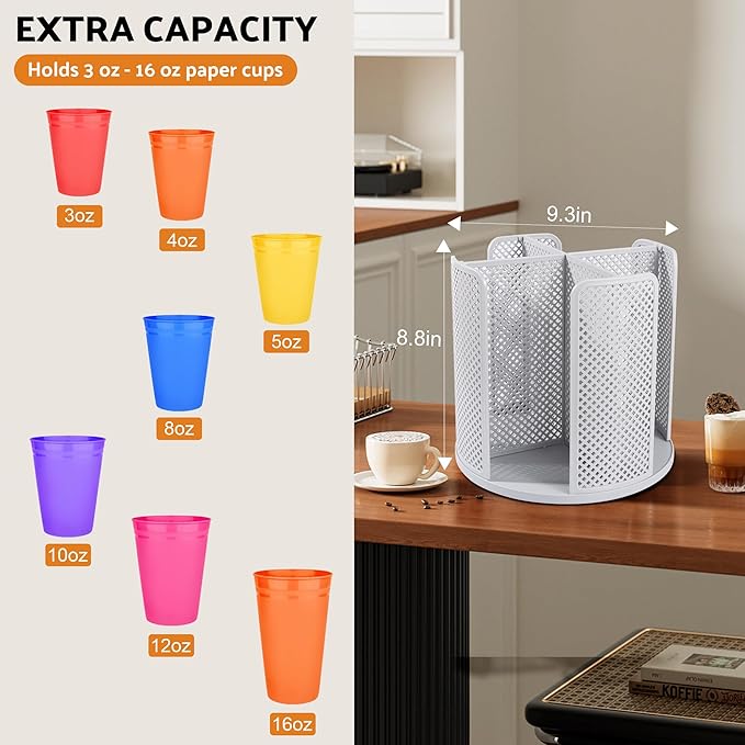 Rotating Paper Cup Dispenser, Cup Holder with 4 Compartments, Disposable Coffee Cup Dispenser Removable, Plastic Cup Storage & Lid Holder for Countertops, Kitchen, Coffee Stations (Gray)