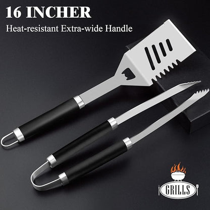 ROMANTICIST 26pcs Grilling Gifts for Men, Dad Gifts for Father's Day, Stainless Steel BBQ Grill Accessories Tools Set, Heavy Duty BBQ Utensils Kit with Apron, Thermometer, Mats in Aluminum Case Black