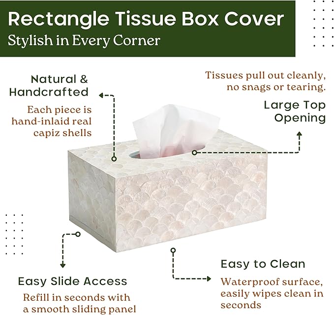 CHI AN HOME Rectangular Capiz Tissue Box Cover, Decorative Mother of Pearl Inlay Tissue Box Holder for Bedroom, Bathroom, Kitchen, and Office, Rectangle Tissue Box Cover White (10.25” x 5.9” x 4.33”)