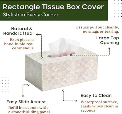 CHI AN HOME Rectangular Capiz Tissue Box Cover, Decorative Mother of Pearl Inlay Tissue Box Holder for Bedroom, Bathroom, Kitchen, and Office, Rectangle Tissue Box Cover White (10.25” x 5.9” x 4.33”)