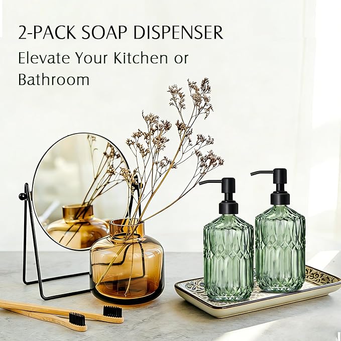 COHOSEGE 17 Oz Green Glass Kitchen Soap Dispenser for Dish Soap, 2 Pack Bathroom Soap Dispenser Set with Black Rust Proof Pump for Lotion, Hand soap or Body Wash