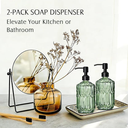 COHOSEGE 17 Oz Green Glass Kitchen Soap Dispenser for Dish Soap, 2 Pack Bathroom Soap Dispenser Set with Black Rust Proof Pump for Lotion, Hand soap or Body Wash