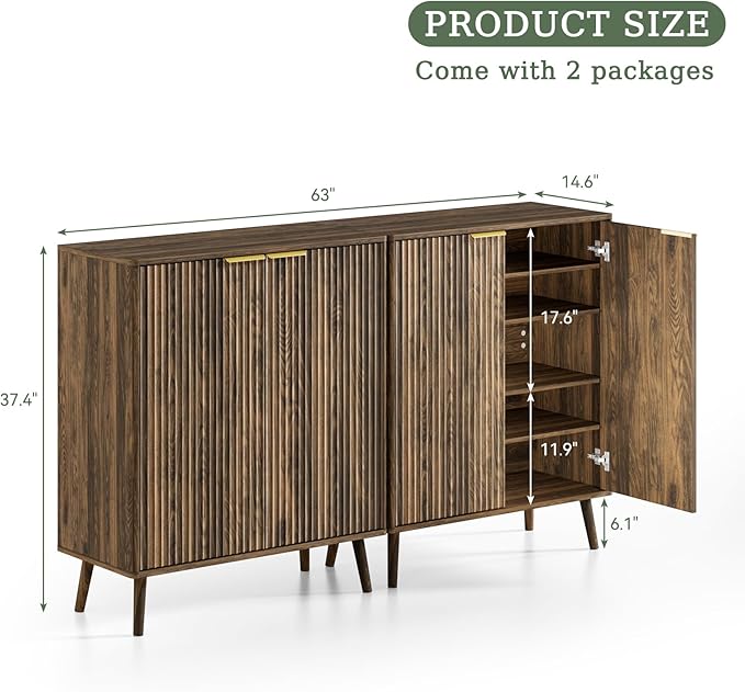 Fluted Shoe Cabinet with Doors 2 Pcs, 5-Tier Shoe Storage Cabinet for Entryway Slim, Wooden Hidden Shoe Organizer Cabinet with Adjustable Shelves and Solid Legs for Hallway, Walnut