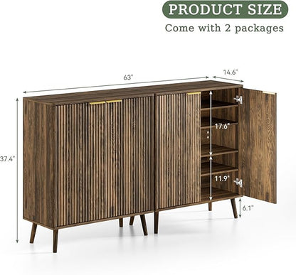 Fluted Shoe Cabinet with Doors 2 Pcs, 5-Tier Shoe Storage Cabinet for Entryway Slim, Wooden Hidden Shoe Organizer Cabinet with Adjustable Shelves and Solid Legs for Hallway, Walnut