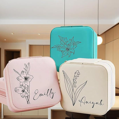 Custom Jewelry Box, Traveling Jewelry Case Leather Mini Jewelry Case with Name & Birth Flower Personalized Mothers Day Gifts, Birthday Gifts, Wedding Gifts for Women Mom Wife Girls