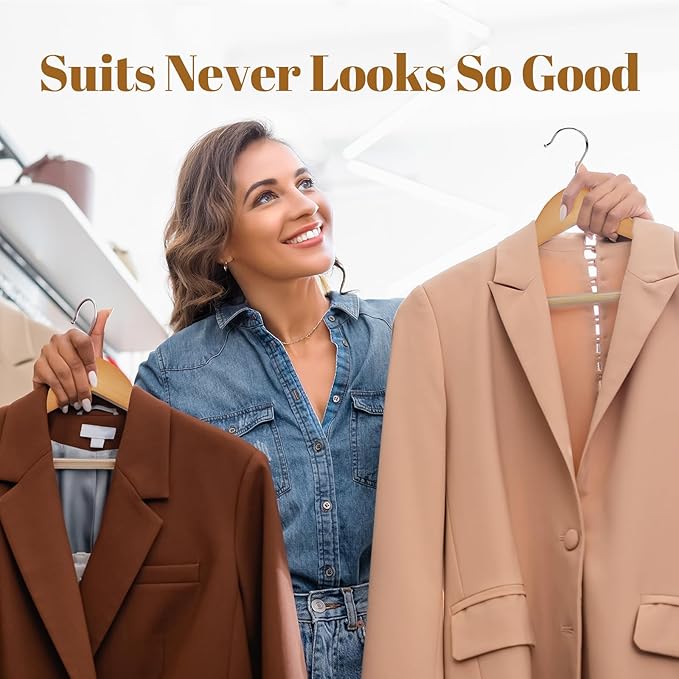 HOUSE DAY Wooden Suit Hangers 6 Pack，Heavy Duty Wide Shoulder Wooden Hangers, Solid Wood Coat Hanger with Non-Slip Pant Bar for Petite Adults, Teens and Small Suits, Coats, Jackets (Natural，16.5'')