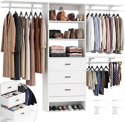 8FT Closet System with 3 Curved Drawers, 96'' Wooden Walk-in Closet Organizer with 3 Top Shelves, Adjustable Organizer System with 3 Hanging Rods, Built-in Wardrobe Storage Rack for 4-8 ft, White