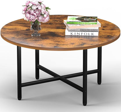 Round Coffee Table, 23.6" Small Coffee Tables for Living Room, Circle Coffee Table with Metal Frame, Floor Table Desk for Sitting on The Floor, Home, Office, Rustic Brown