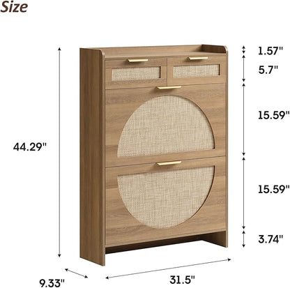 Rattan Shoe Storage Cabinet with 2 Flip Drawers & 2 Drawers, Freestanding Organizer for Front Door Entrance, Hidden Narrow Shoe Rack Cabinet Storage for Entryway, Rustic Oak Rattan
