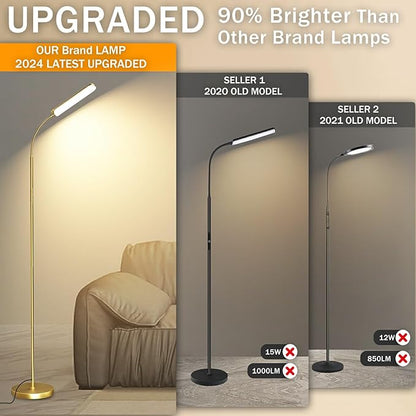 Gold Floor Lamp, 18W 1800LM Bright LED Floor Lamps for Living Room Bedroom, Dimmable Timing Eye Caring Reading Standing Lamp with Remote & Works with Smart Plug