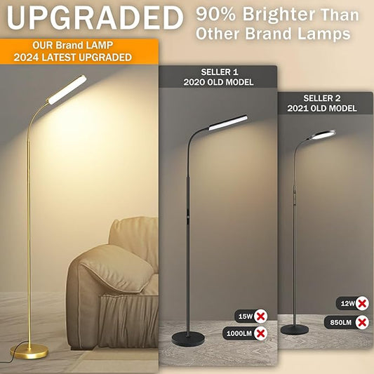 Gold Floor Lamp, 18W 1800LM Bright LED Floor Lamps for Living Room Bedroom, Dimmable Timing Eye Caring Reading Standing Lamp with Remote & Works with Smart Plug